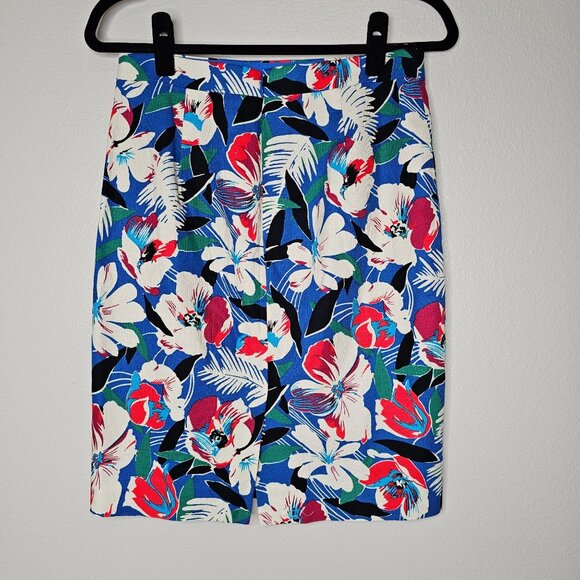J Crew 2 Pencil Skirt Basketweave Blue Floral Tropical Cotton Office Career - Picture 5 of 10